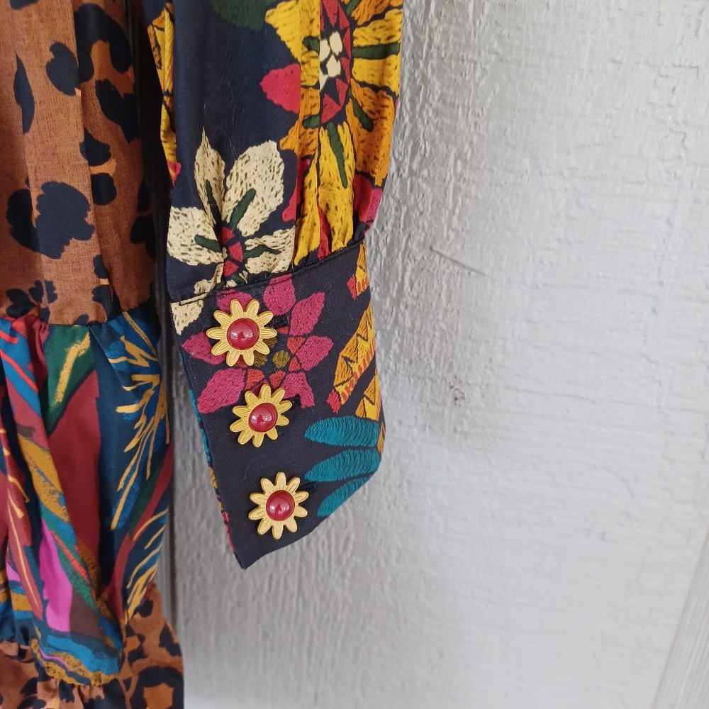 Farm Rio Mixed Black Print Mini Dress Size S Women Cotton Floral Leopard Tiered - Picture 5 of 14